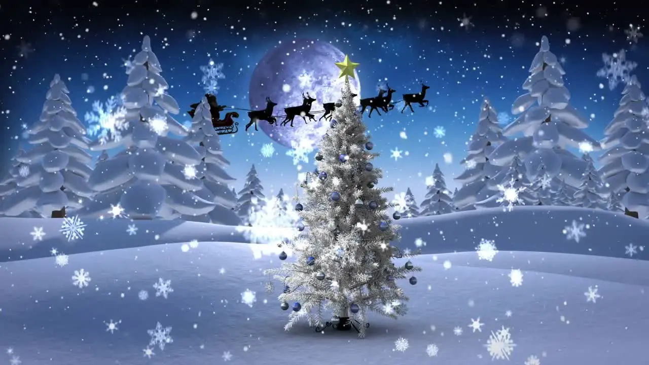 Snowflakes falling over christmas tree on winter landscape against moon in the night sky