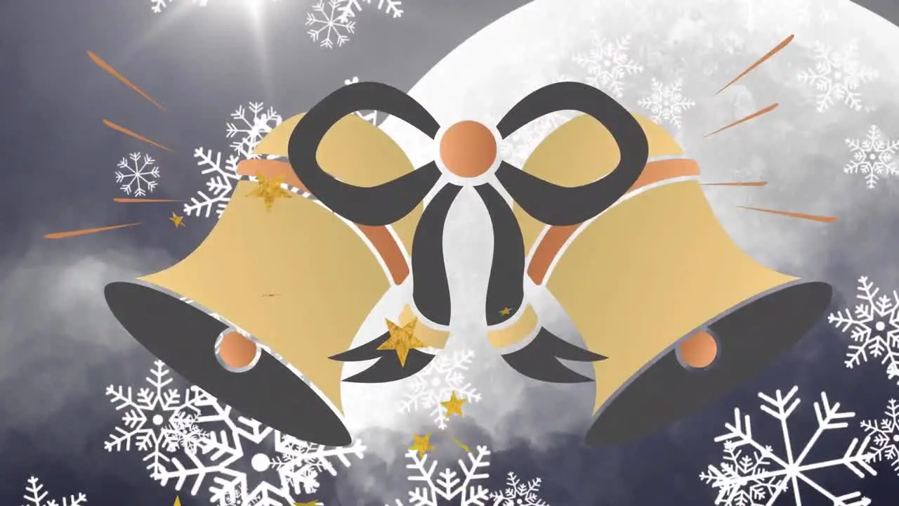 Animation of snowflakes falling over christmas bell icon against moon and night sky