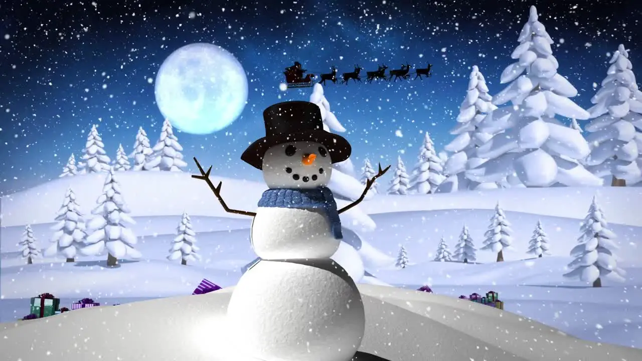 Snow falling over snowman on winter landscape against moon in the night sky