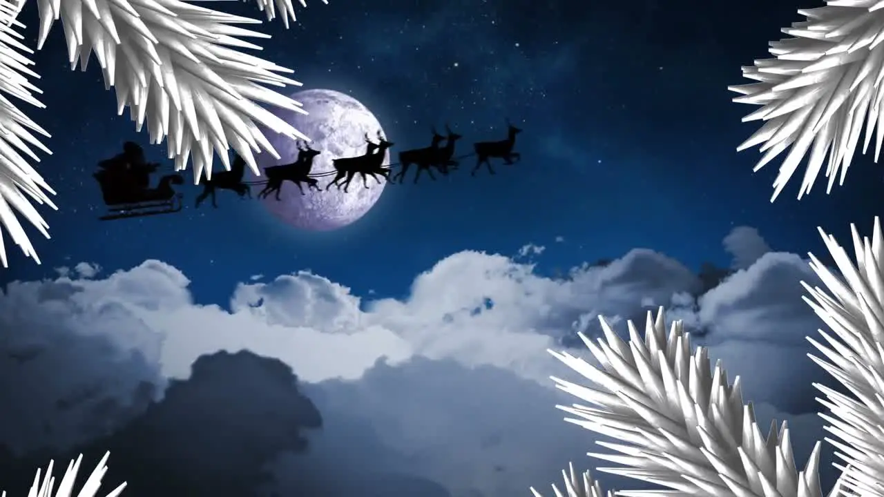 White tree branches over santa claus in sleigh being pulled by reindeers against moon in night sky