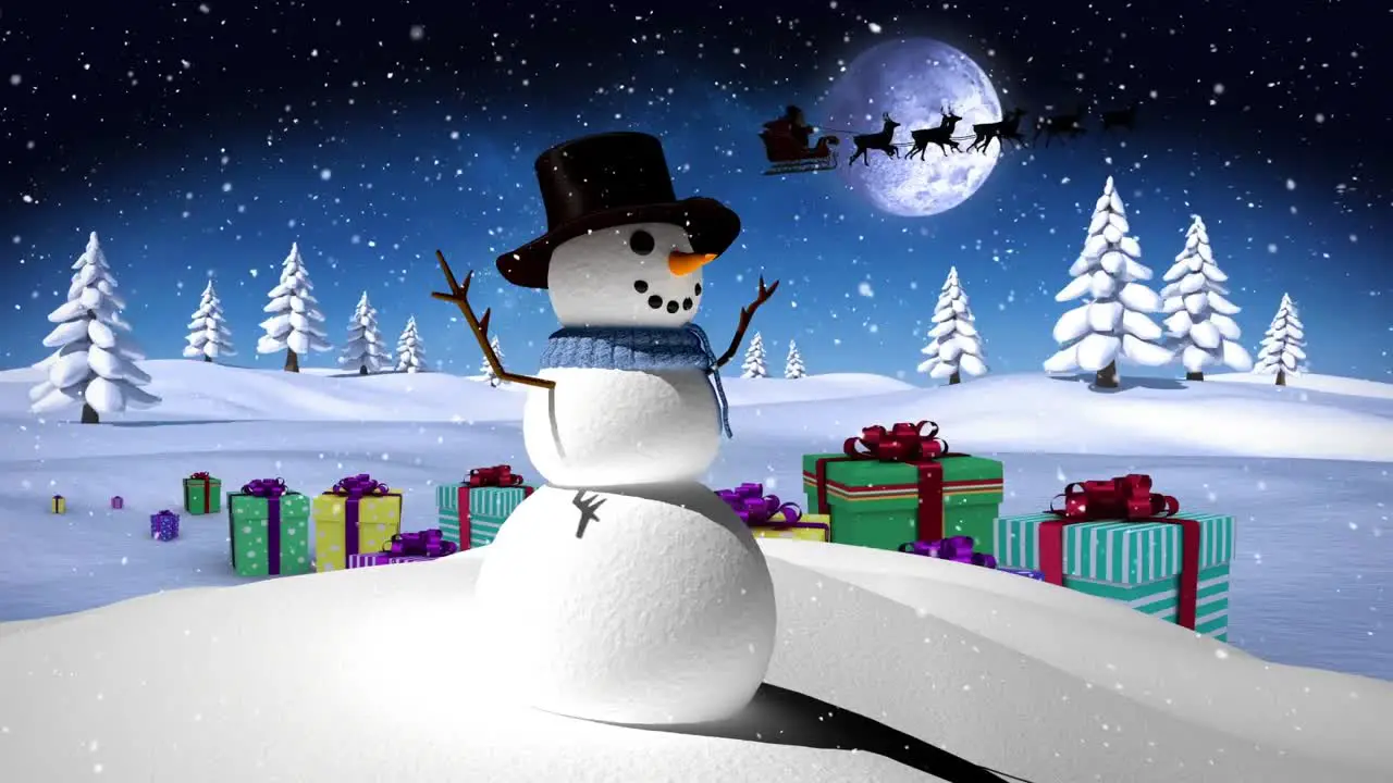 Snow falling over snowman and christmas gifts on winter landscape against moon in the night sky