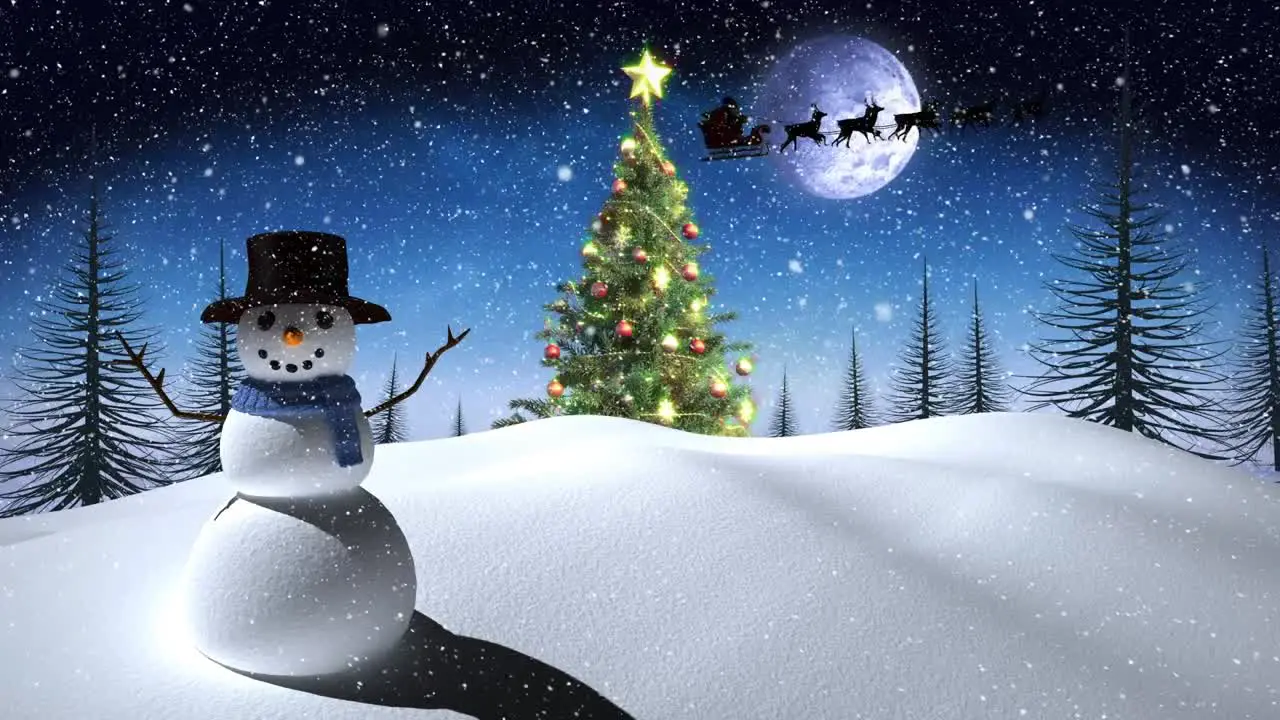 Snow falling over snowman and christmas tree on winter landscape against moon in the night sky