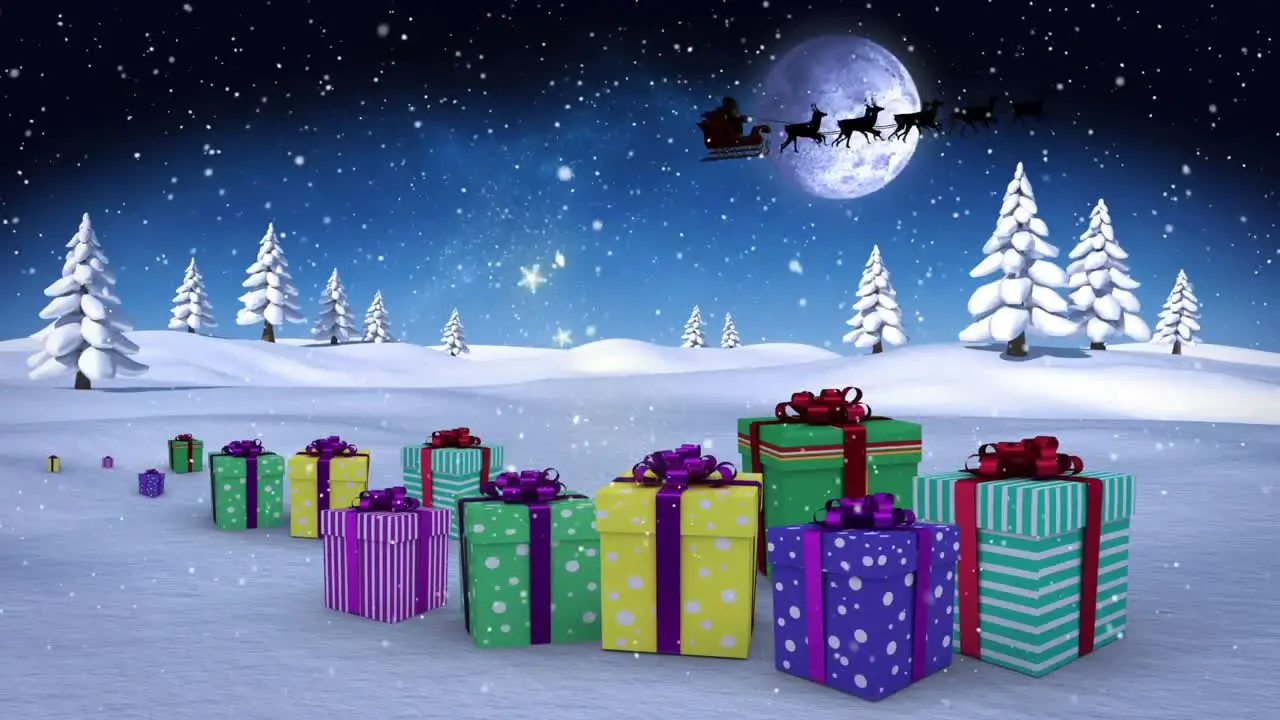 Snow falling over christmas gifts on winter landscape against moon in the night sky