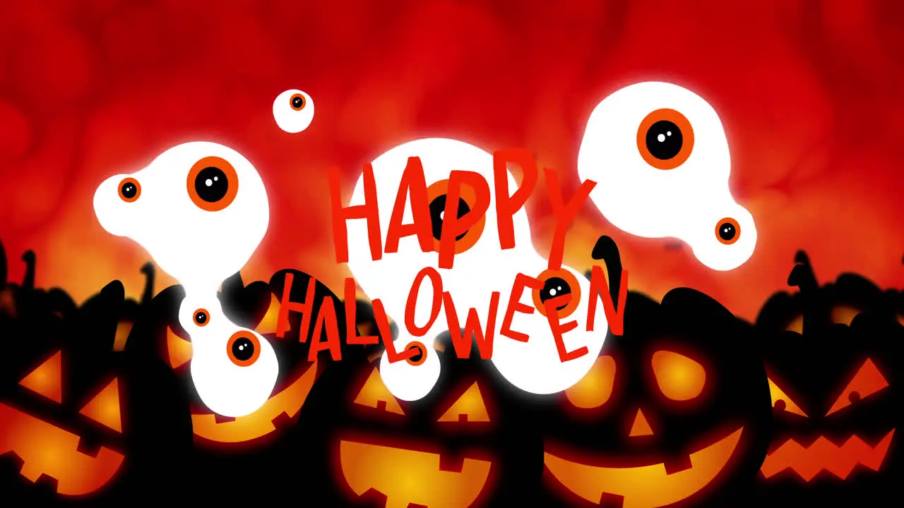 Animation of happy halloween over eyes jack o lanterns and fire