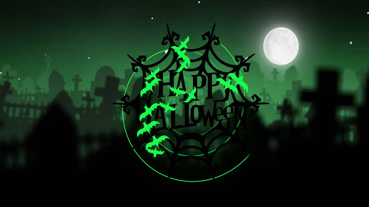 Animation of happy halloween spiders web bats and cemetery on green background