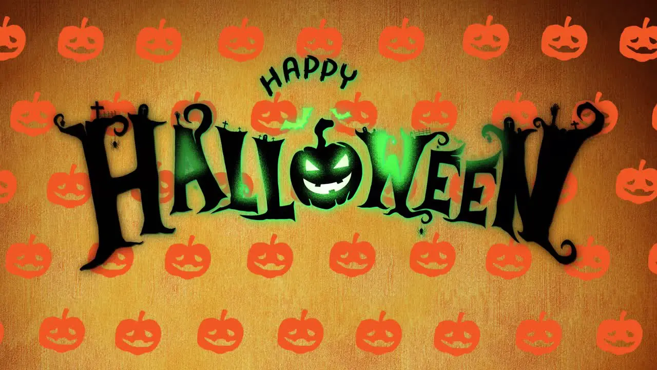 Animation of happy halloween text with glowing pumpkin head and bats over repeated orange pumpkins