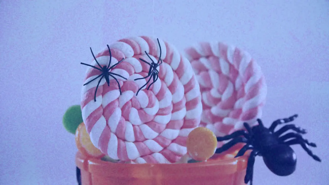 Animation of plastic spiders on orange pumpkin bucket of candy on lilac background