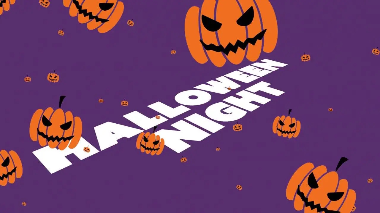 Animation of halloween greetings and floating pumpkins on purple background