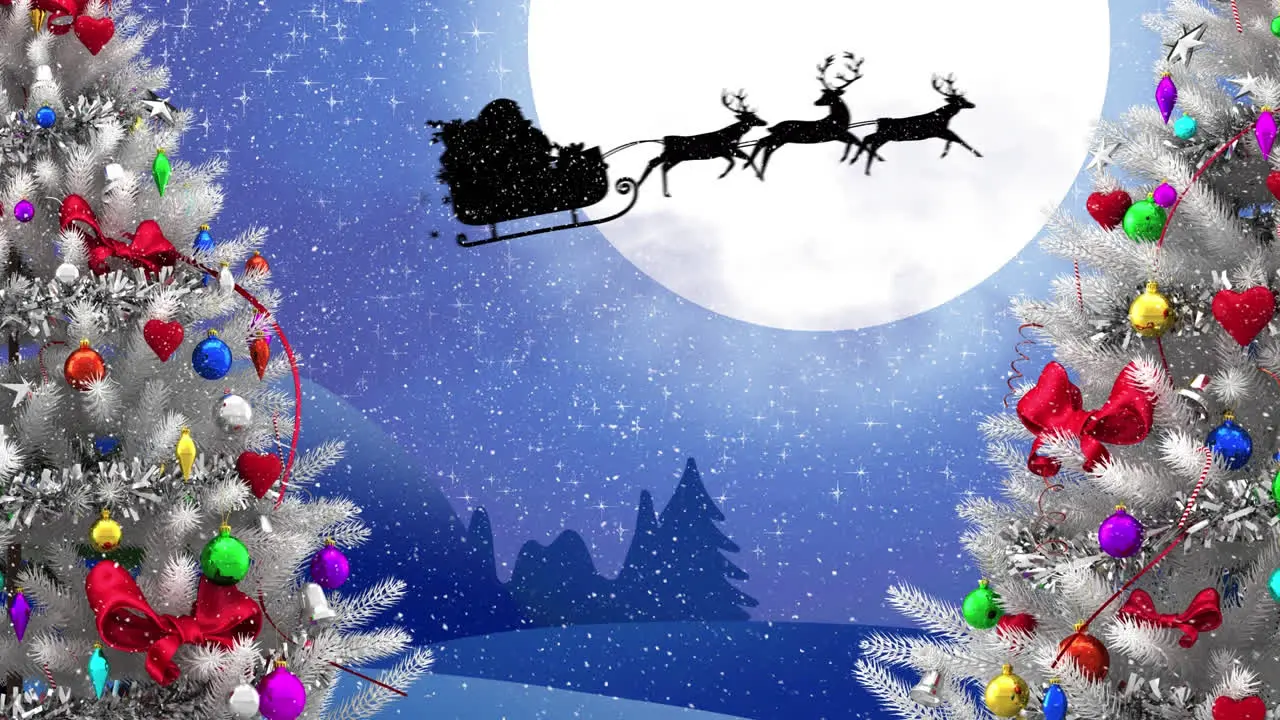 Two christmas trees over santa claus in sleigh being pulled by reindeers against moon in night sky