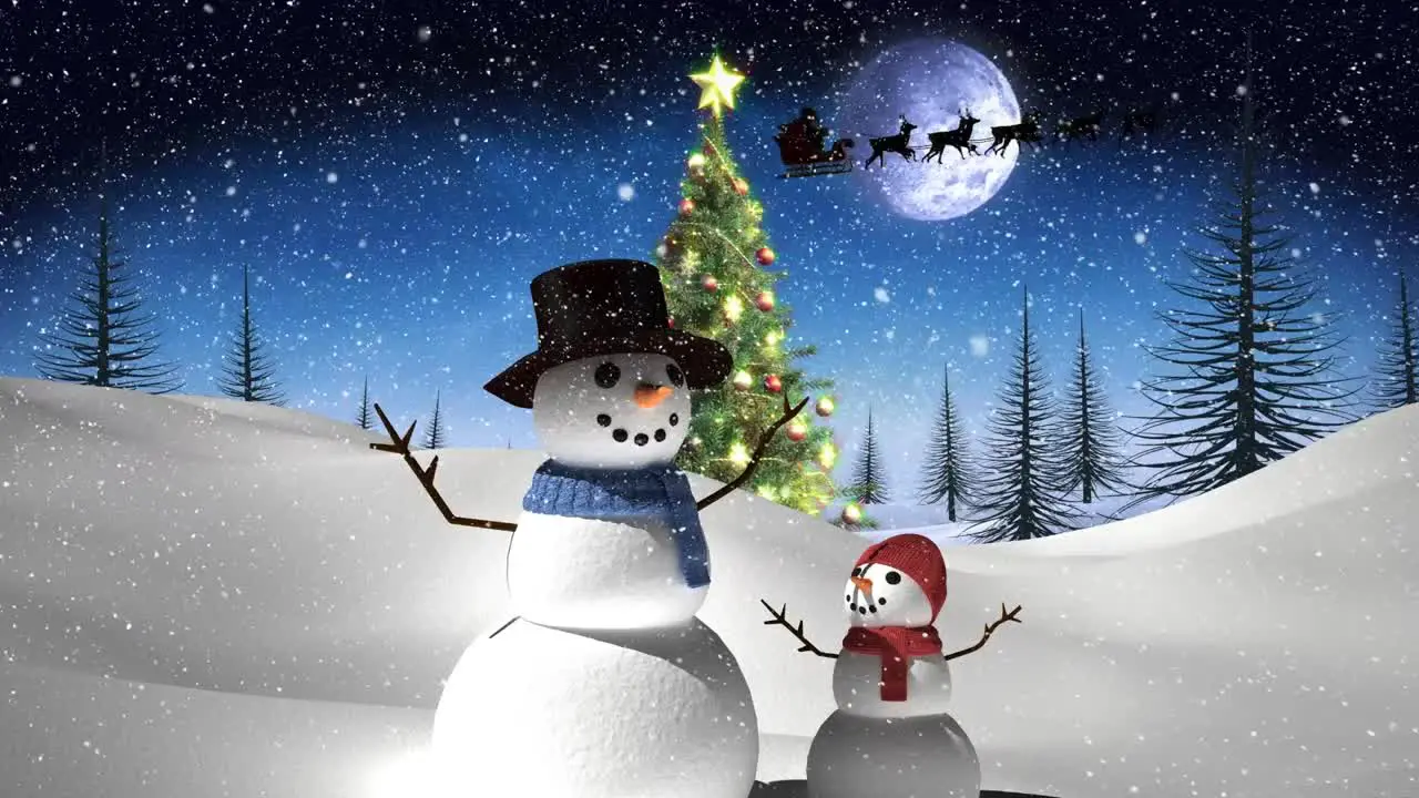 Snow falling over snowman and snow kid on winter landscape against moon in the night sky