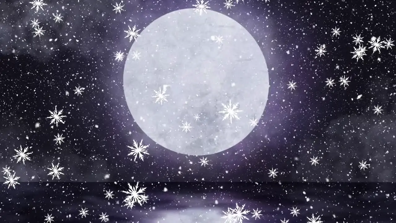 Digital animation of snow flakes falling against moon in night sky