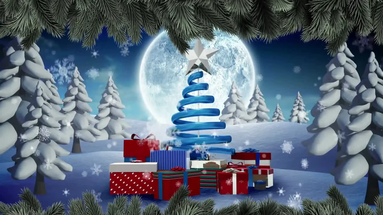 Snowflakes falling over christmas tree and gifts on winter landscape against moon in the night sky