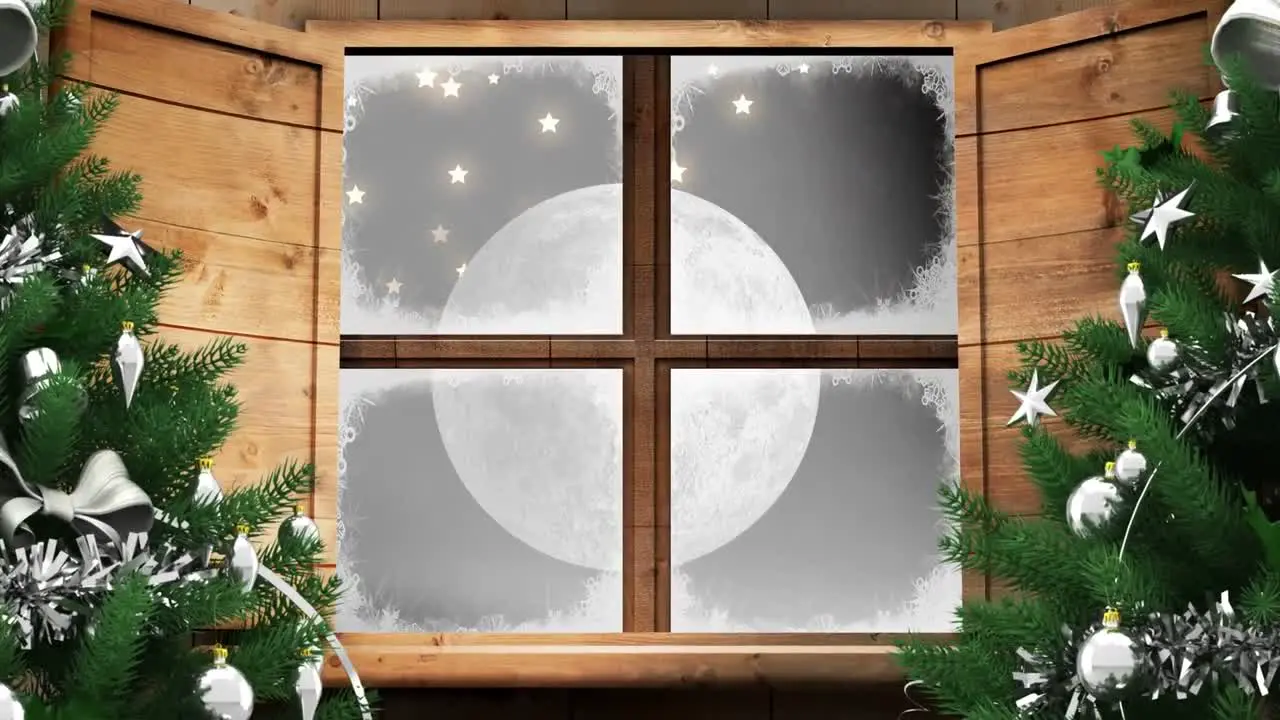 Two christmas trees and wooden window frame against shining stars and moon in the night sky