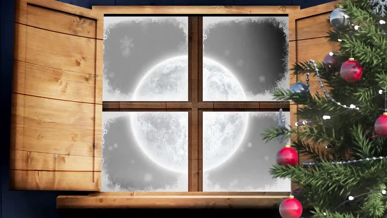 Christmas tree and wooden window frame against shining stars and moon in the night sky