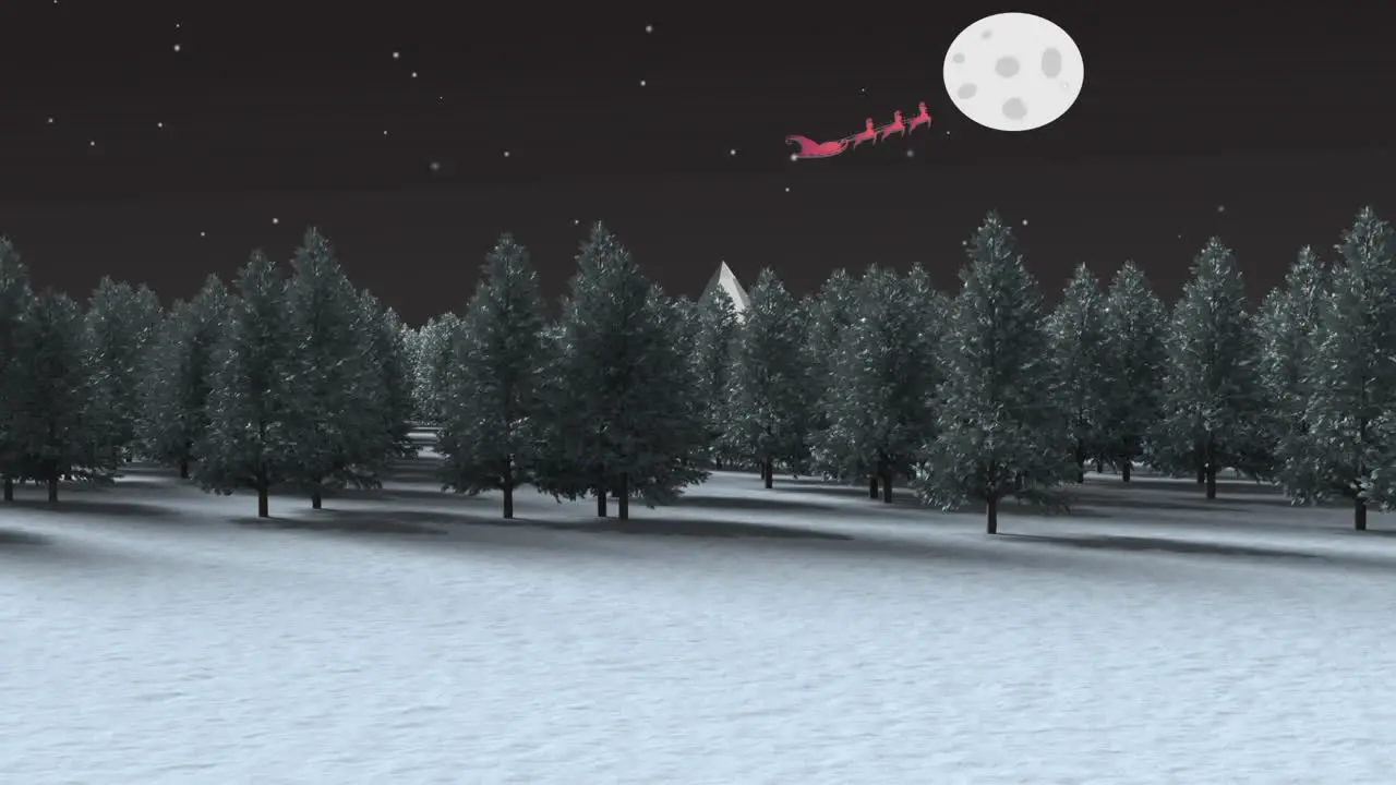 Santa claus in sleigh being pulled by reindeers over winter landscape against moon in night sky