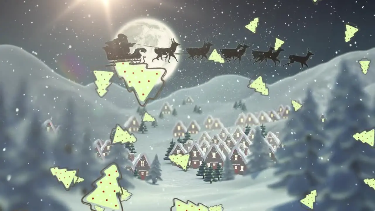 Multiple christmas tree icons and snow falling over winter landscape against moon in the night sky