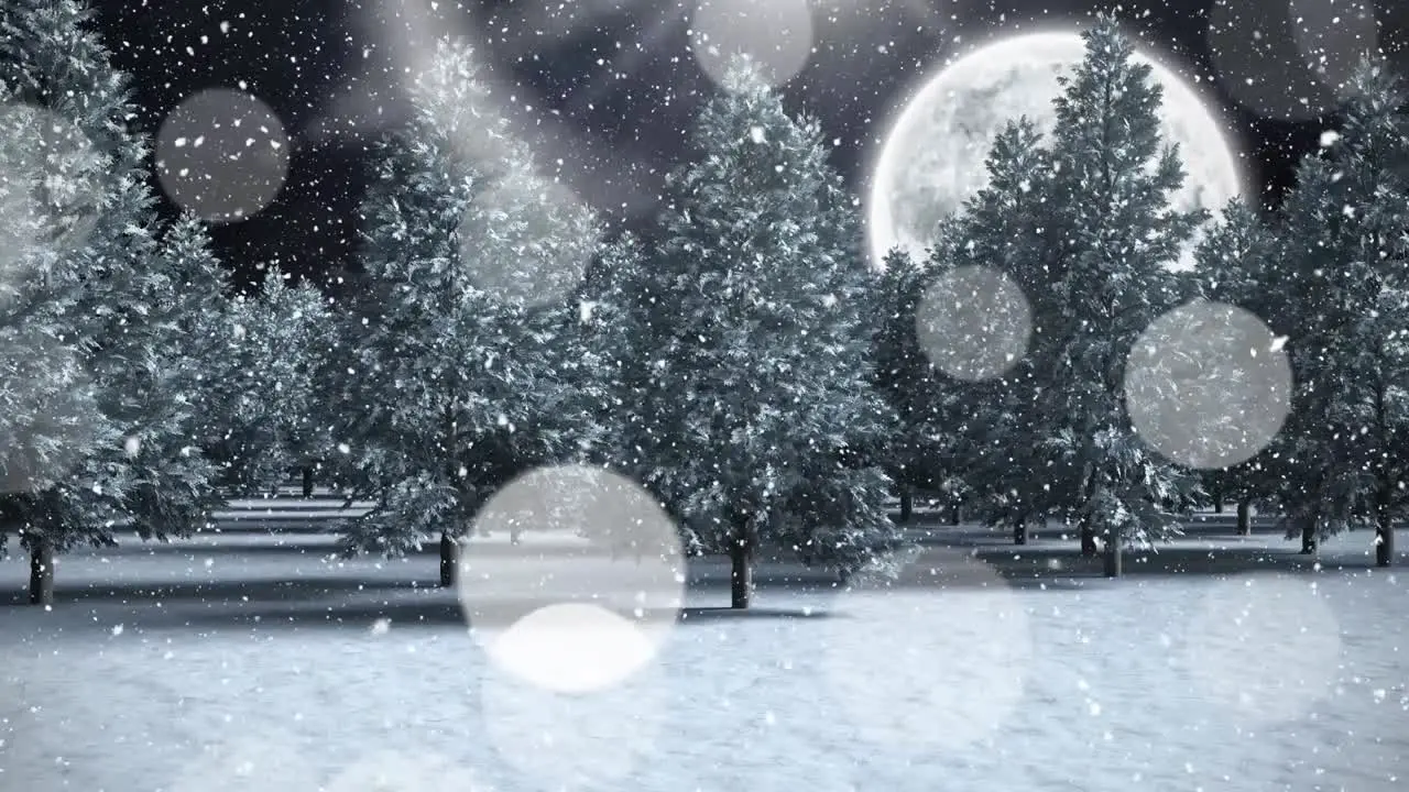 Animation of snow falling over trees at night with full moon at christmas time