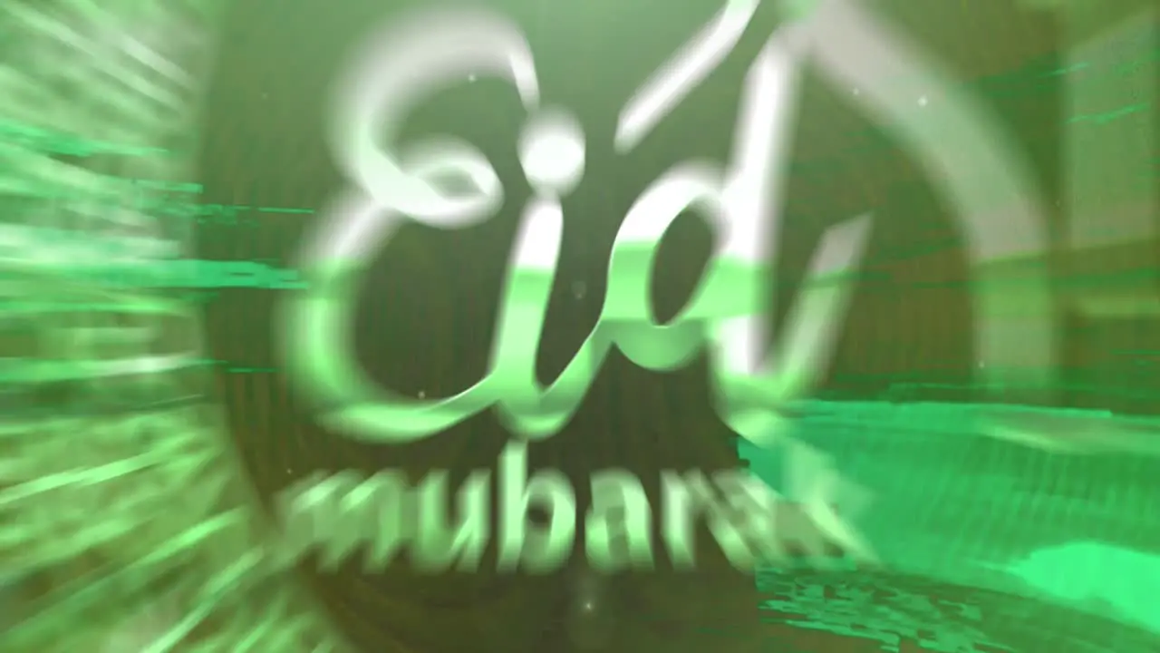 Animation of text eid mubarak with mosque and crescent moon design in green light