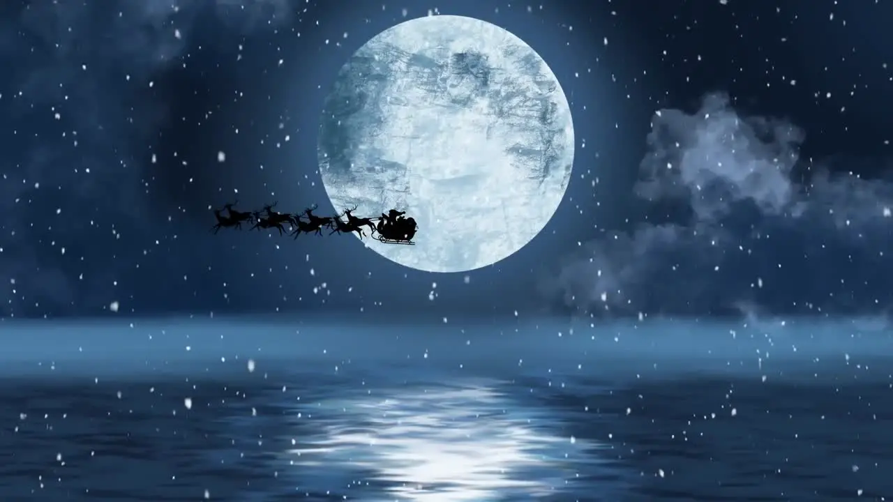 Snow falling over santa claus in sleigh being pulled by reindeers against moon in night sky