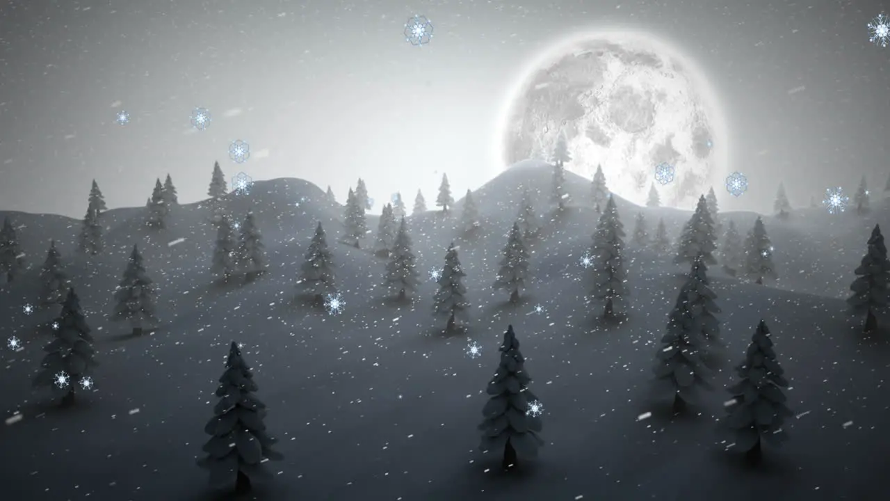 Animation of snowflakes falling over trees on winter landscape against moon in the night sky