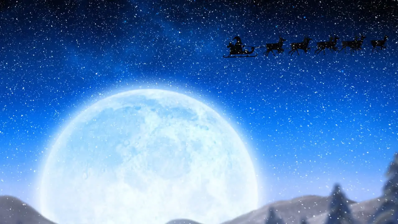 Animation of snow falling on santa claus in sleigh being pulled by reindeers and moon in night sky