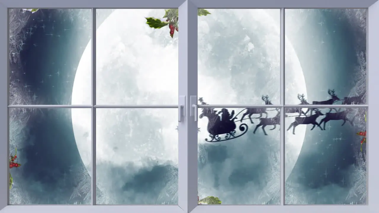 Animation of view of santa claus in sleigh pulled by reindeers and moon in night sky from a window