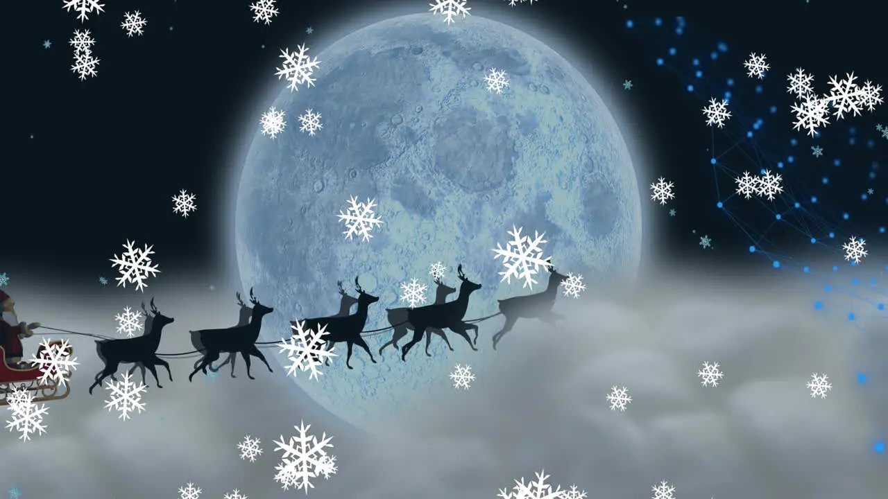 Animation of snowflakes over santa claus in sleigh pulled by reindeers against moon in night sky