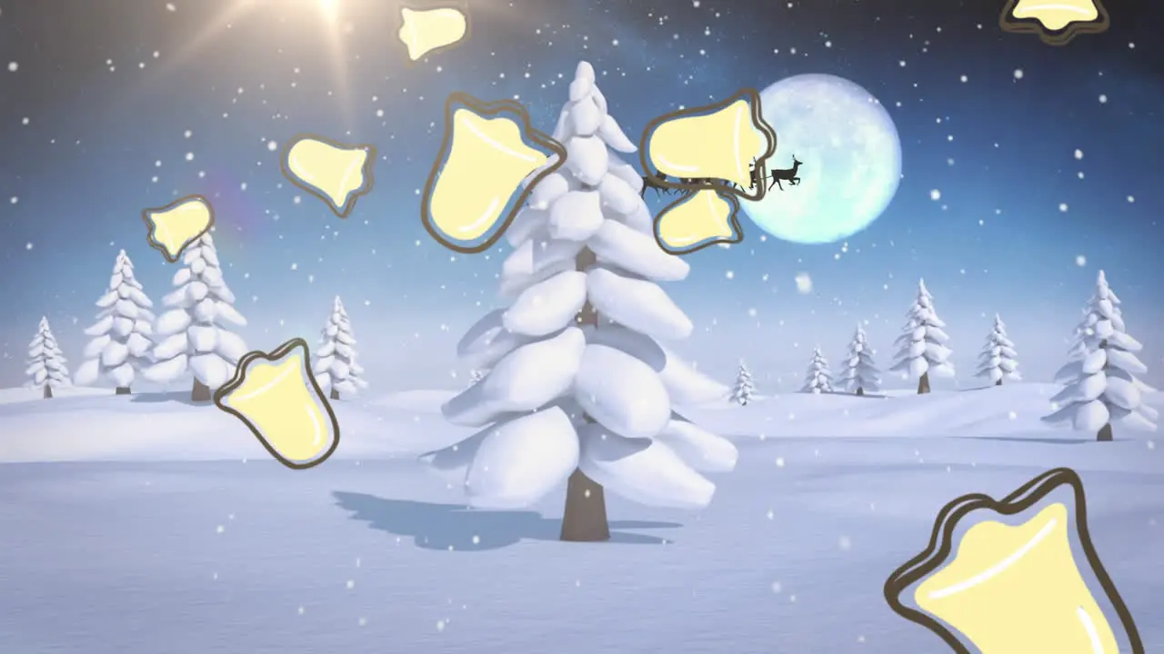 Snow and multiple chritsmas bell icons falling over winter landscape and moon in the night sky