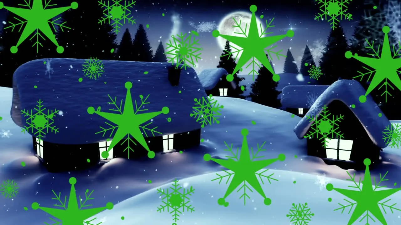 Green stars and snowflakes icons over snow falling over winter landscape against moon in night sky