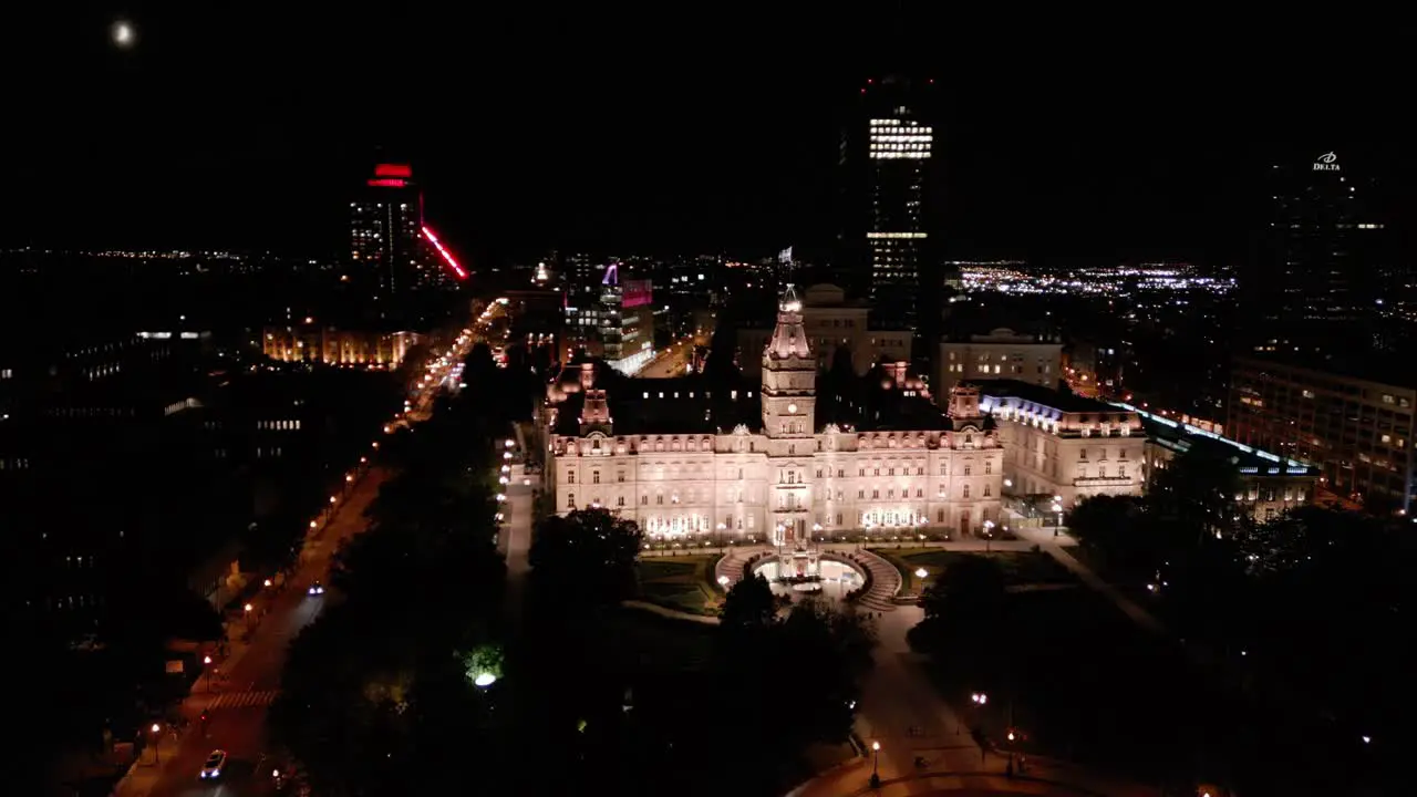 Monument at night pan to right Drone shot