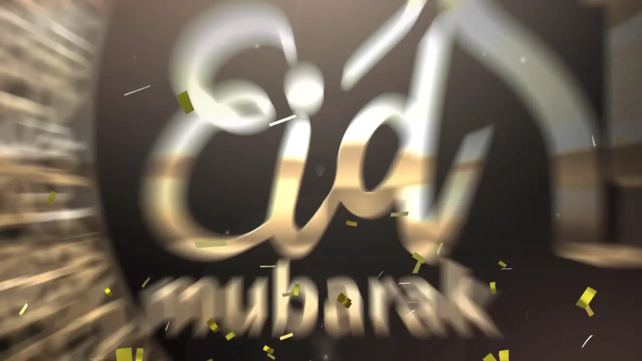 Animation of text eid mubarak with mosque crescent moon symbol and confetti in gold on black