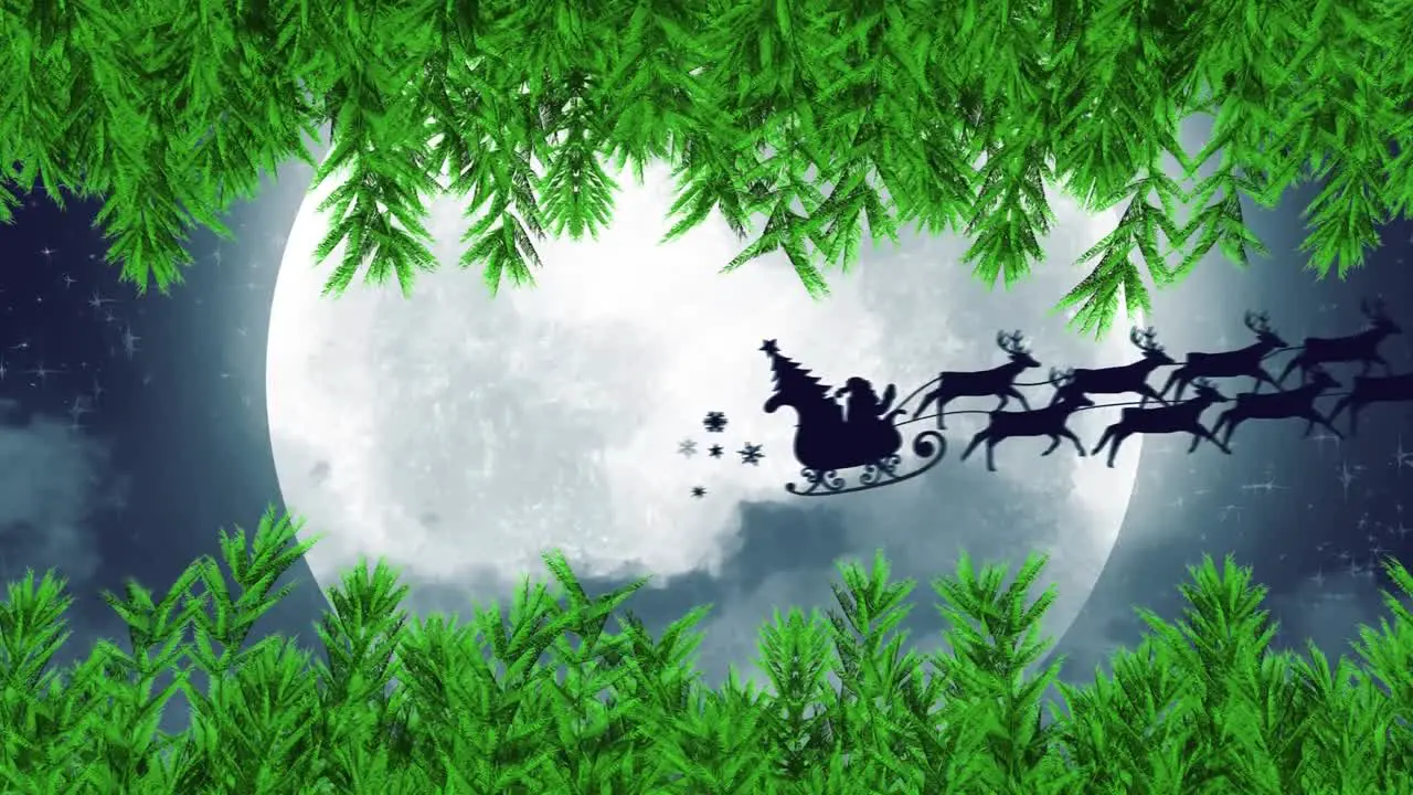 Green tree branches over santa claus in sleigh being pulled by reindeers against moon in night sky