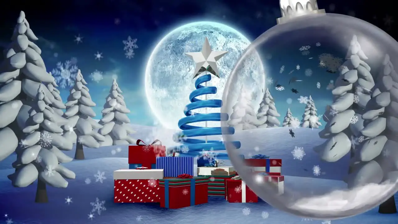 Animation of christmas bauble dangling over christmas tree and full moon in winter scenery