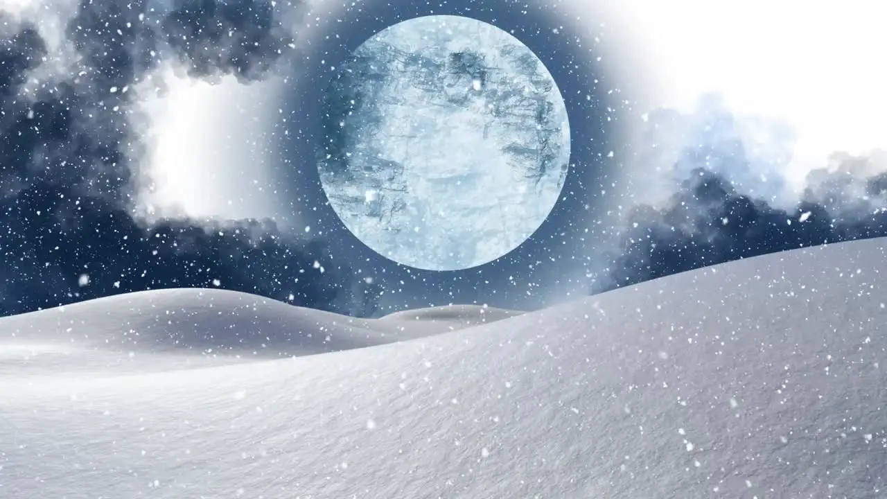 Digital animation of snow falling over winter landscape against moon in night sky