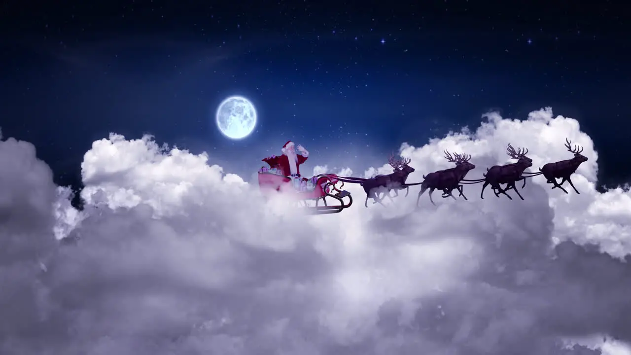 Animation of christmas santa claus in sleigh with reindeer over clouds and full moon