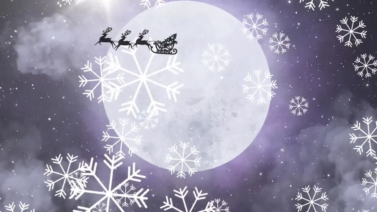 Snowflakes falling over santa claus in sleigh being pulled by reindeers against moon in night sky