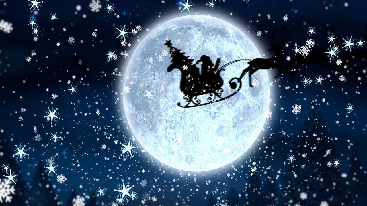 Animation of snowflakes and stars over santa sleigh over full moon