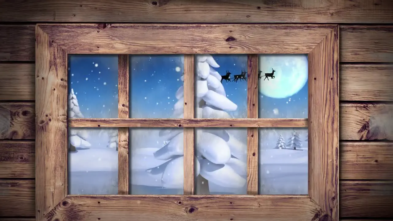 Wooden window frame against multiple trees on winter landscape against moon in the night sky