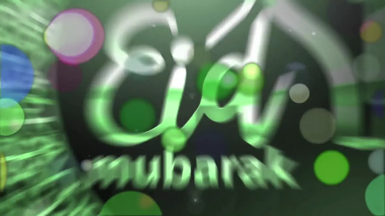 Animation of text eid mubarak mosque and crescent moon symbols with colourful circles on black