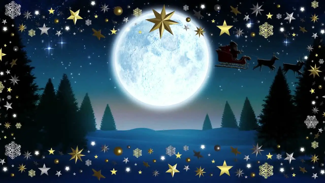 Animation of christmas decorations and santa claus in sleigh with reindeer over full moon