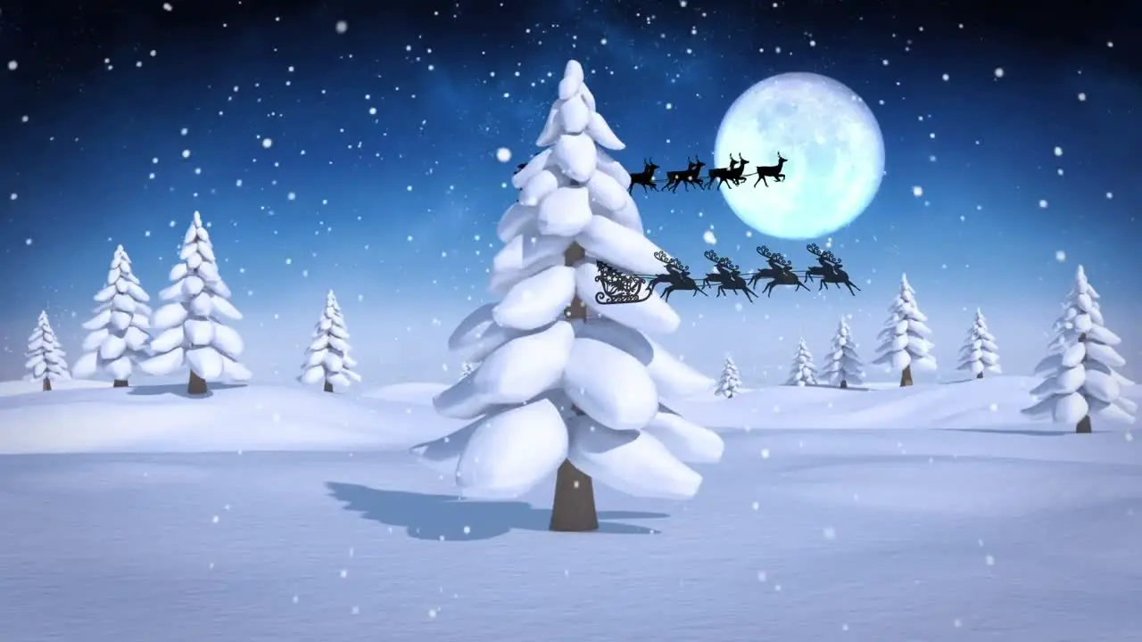 Animation of father christmas in sleigh silhouette flying over full moon and snowy winter scenery