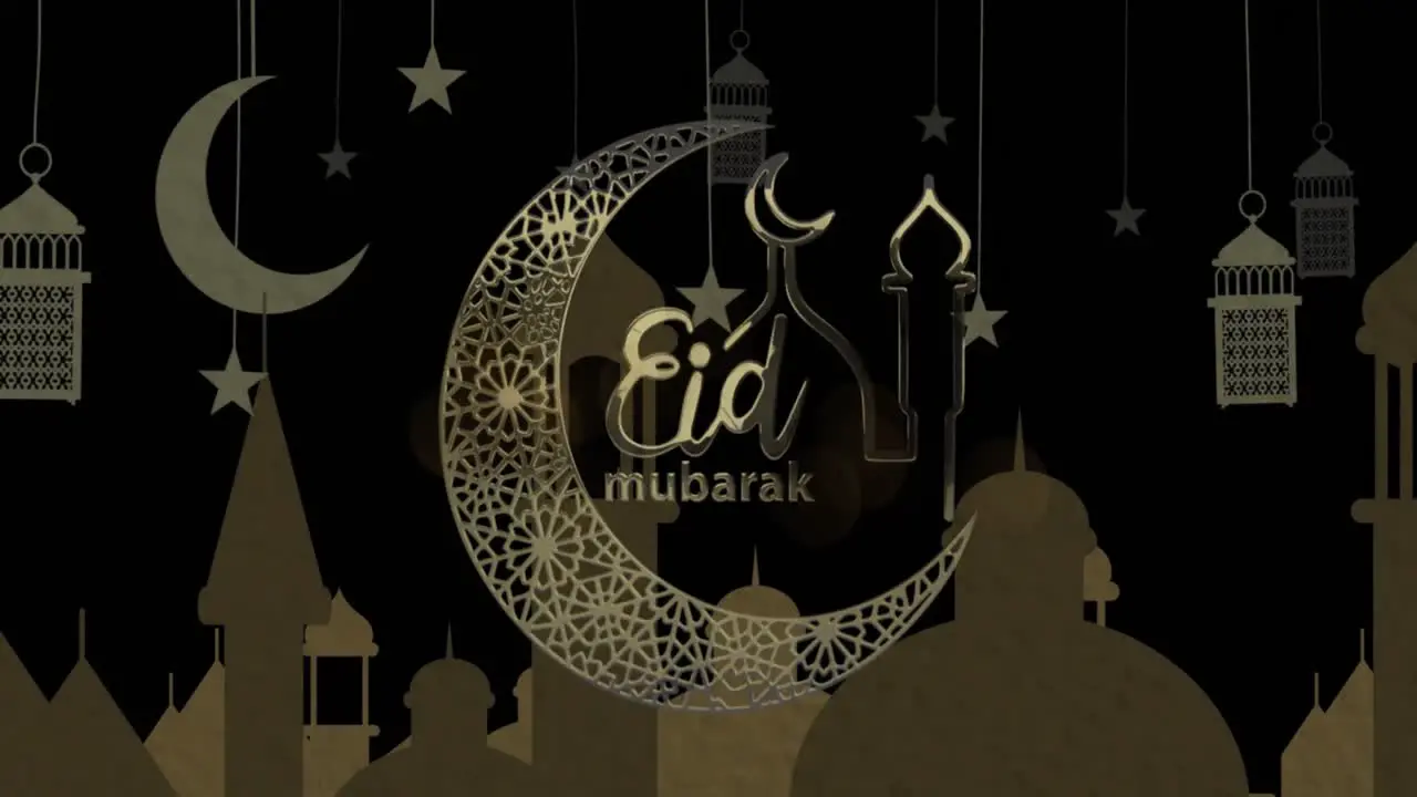 Animation of eid mubarak text with crescent moon and mosque with lanterns and stars background