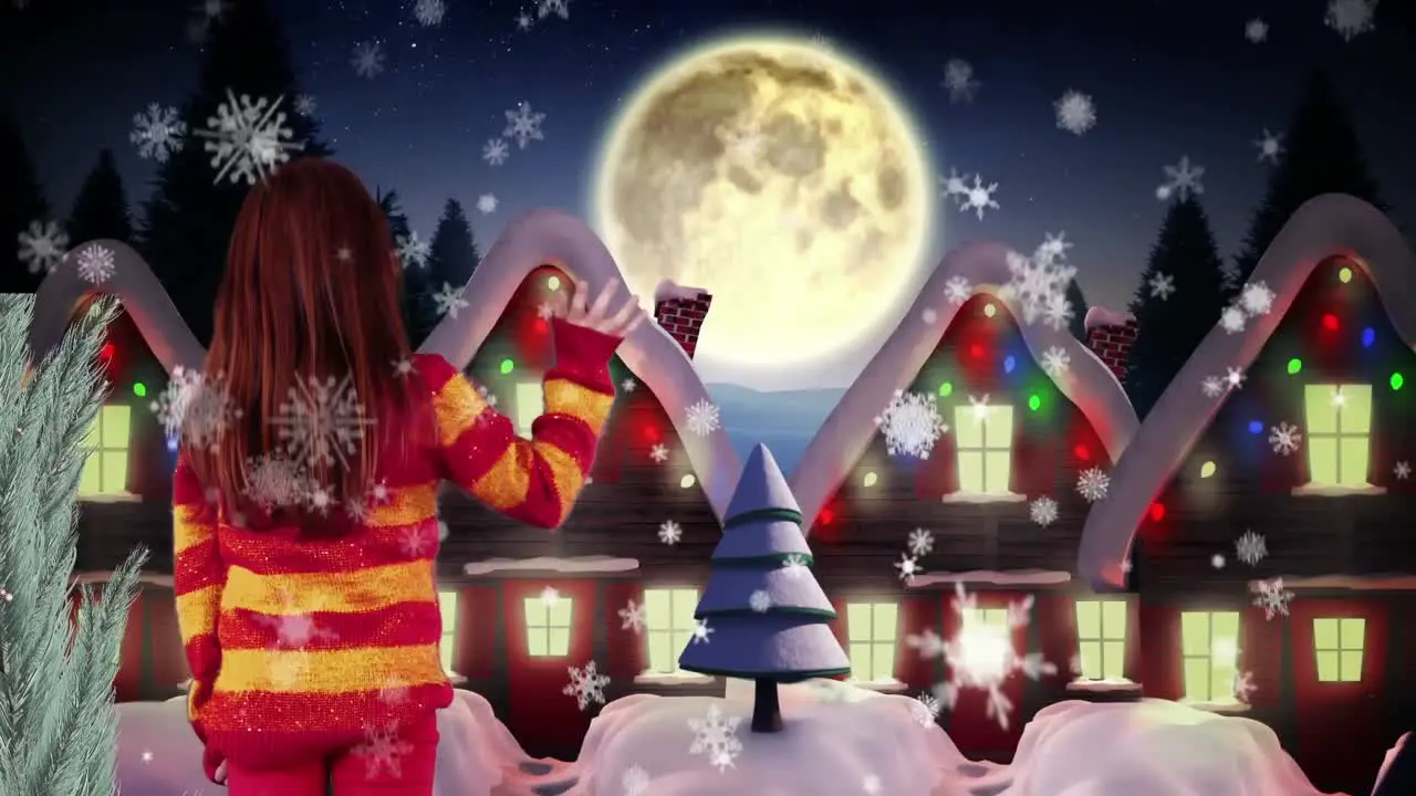 Snowflakes falling over rear view of a girl waving against multiple houses against moon in night sky