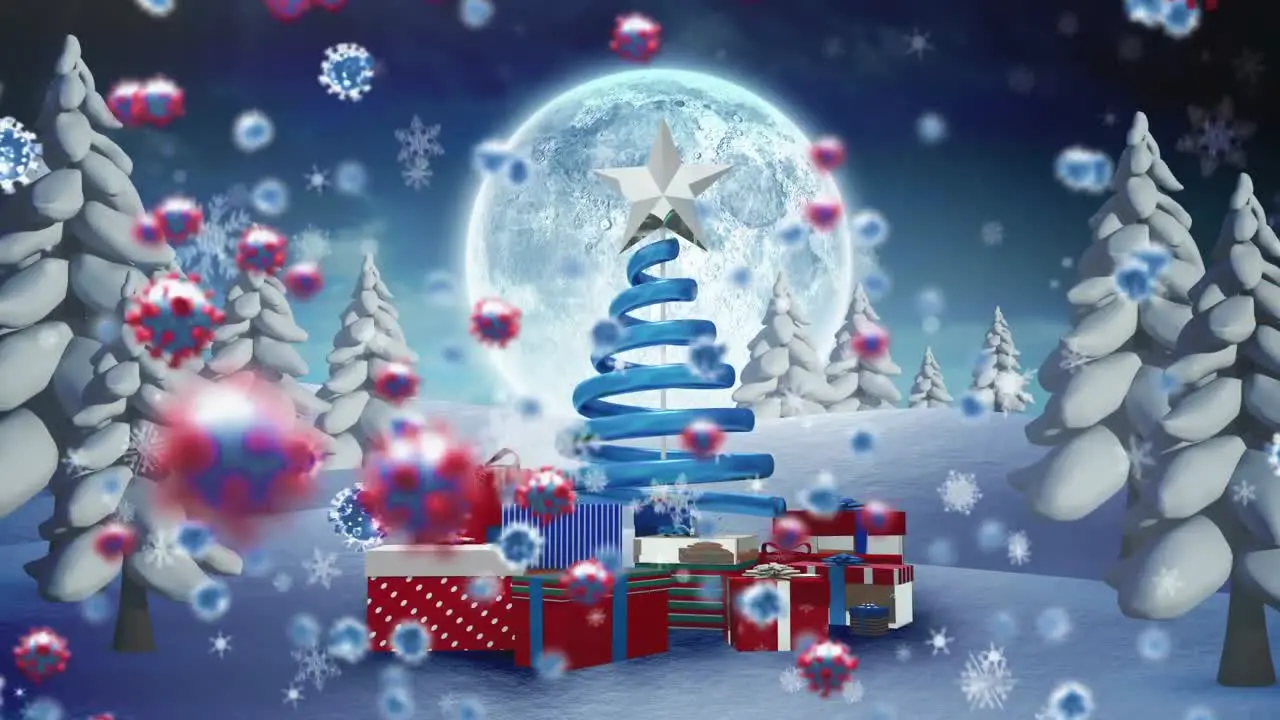 Animation of covid 19 cells moving over winter scenery with christmas tree and presents