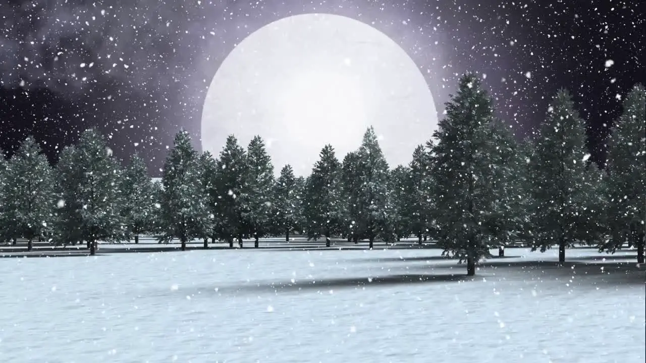 Digital animation of snow falling over trees on winter landscape against moon in night sky