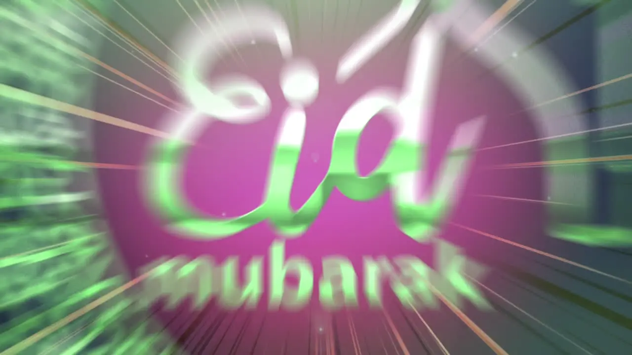 Animation of text eid mubarak mosque and crescent moon symbols with strobing pink light on black