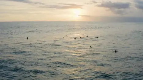 Drone Shot Orbiting Surfers In Ocean Waiting for Wave