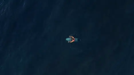 Drone Shot Looking Down On Surfer In Ocean Waiting for Wave 