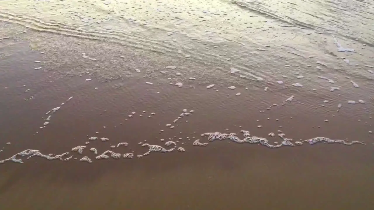 Wave running up beach on wet sand at sunset