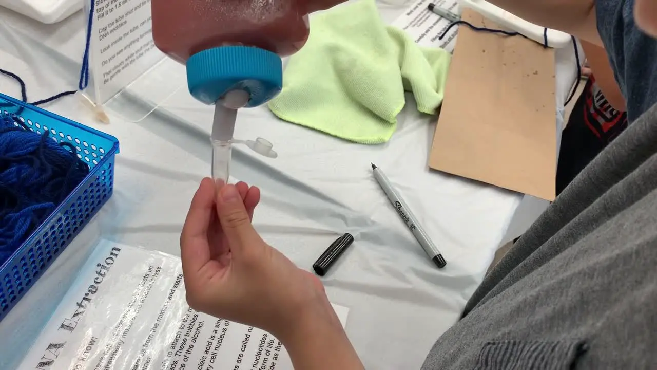 A young boy is extracting strawberry DNA in a small vile with the help of High School student volunteers